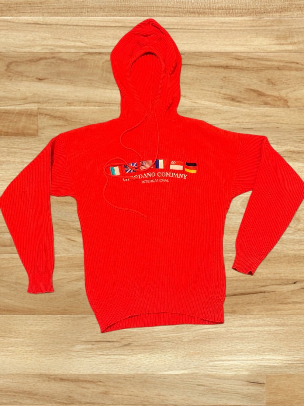 Vintage 90s Giordano Knit Sweater Red Hooded Retro Flags Large